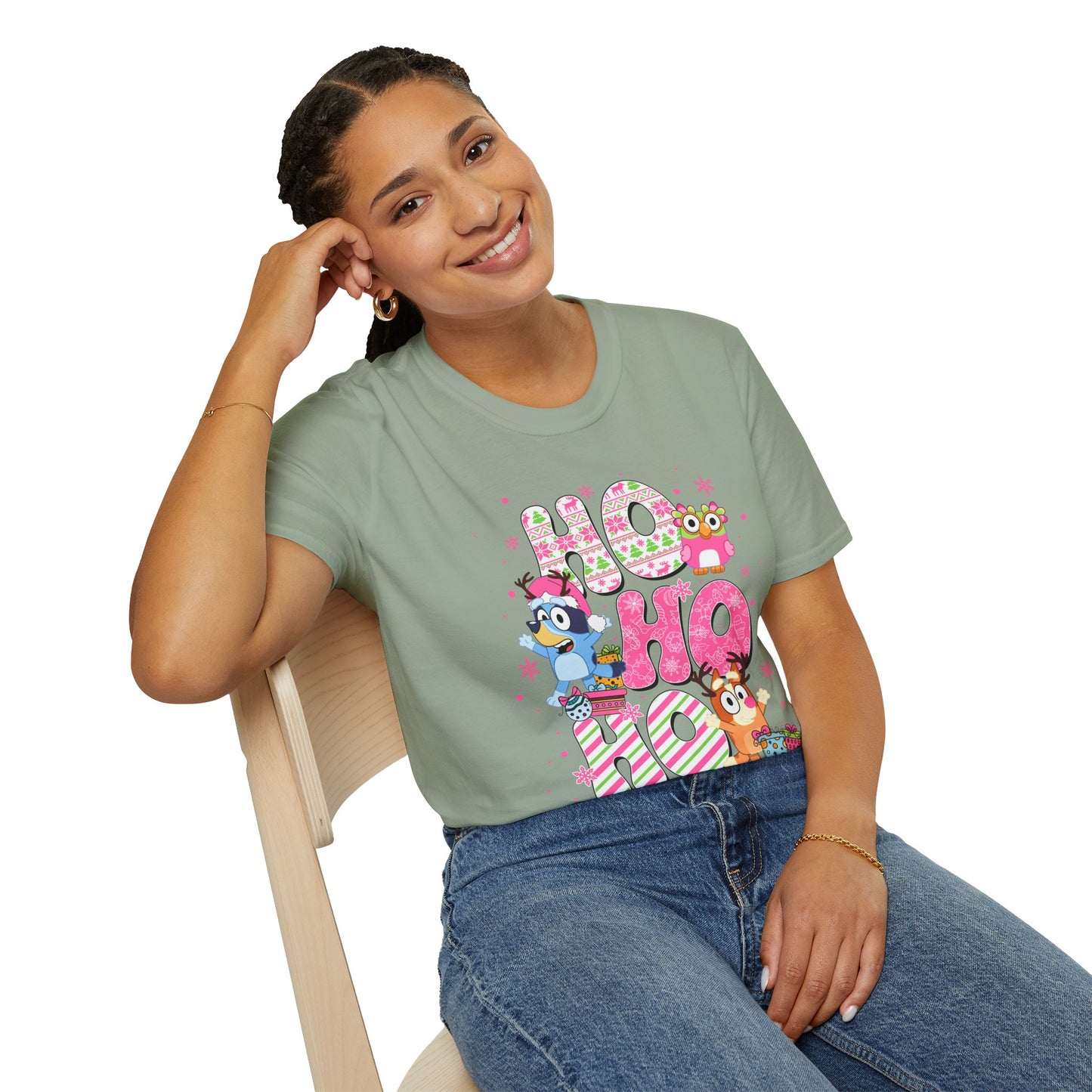 Ho Ho Ho Bluey and Bingo Pastel Christmas Unisex T-Shirt, Softstyle Tee for Festive Season