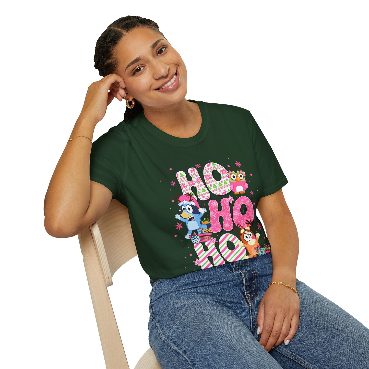 Ho Ho Ho Bluey and Bingo Pastel Christmas Unisex T-Shirt, Softstyle Tee for Festive Season