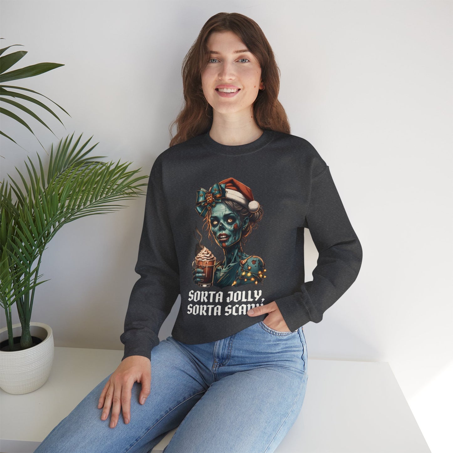 Christmas Zombie Crewneck Sweatshirt, Sorta Scary Sorta Merry Funny Spooky Season Apparel, Cute Xmas Sweater