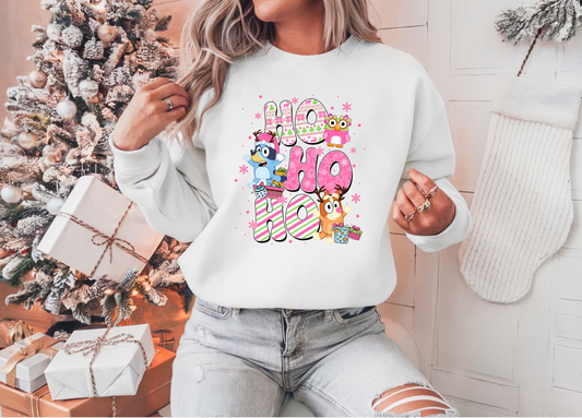 Ho Ho Ho Bluey and Bingo Pastel Christmas Sweatshirt for Festive Season