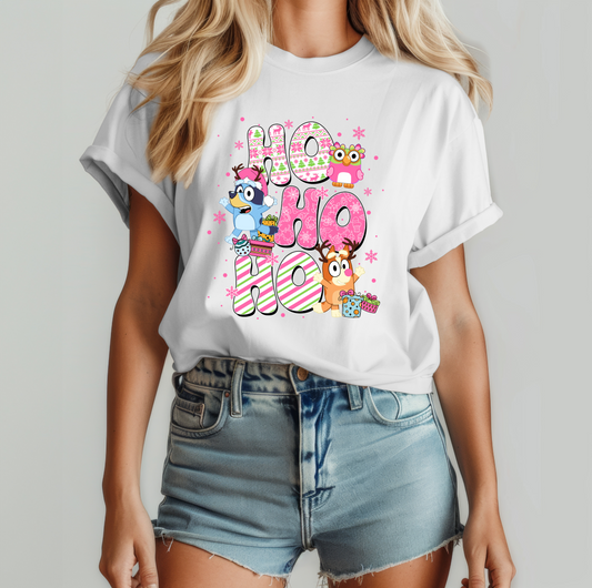 Ho Ho Ho Bluey and Bingo Pastel Christmas Unisex T-Shirt, Softstyle Tee for Festive Season