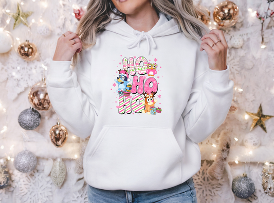 Ho Ho Ho Bluey and Bingo Pastel Christmas Hooded Sweatshirt for Festive Season