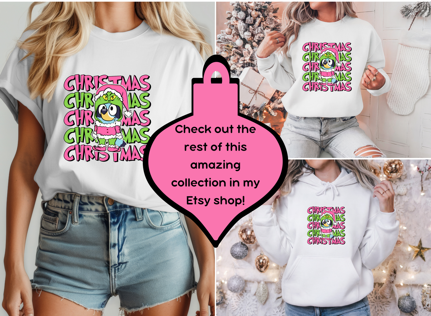 Holiday Grinch Bluey Sweatshirt, Festive Christmas Graphic Tee, Hooded Sweatshirt, Xmas Gift, Alternative Xmas