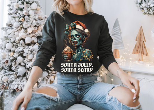 Christmas Zombie Crewneck Sweatshirt, Sorta Scary Sorta Merry Funny Spooky Season Apparel, Cute Xmas Sweater