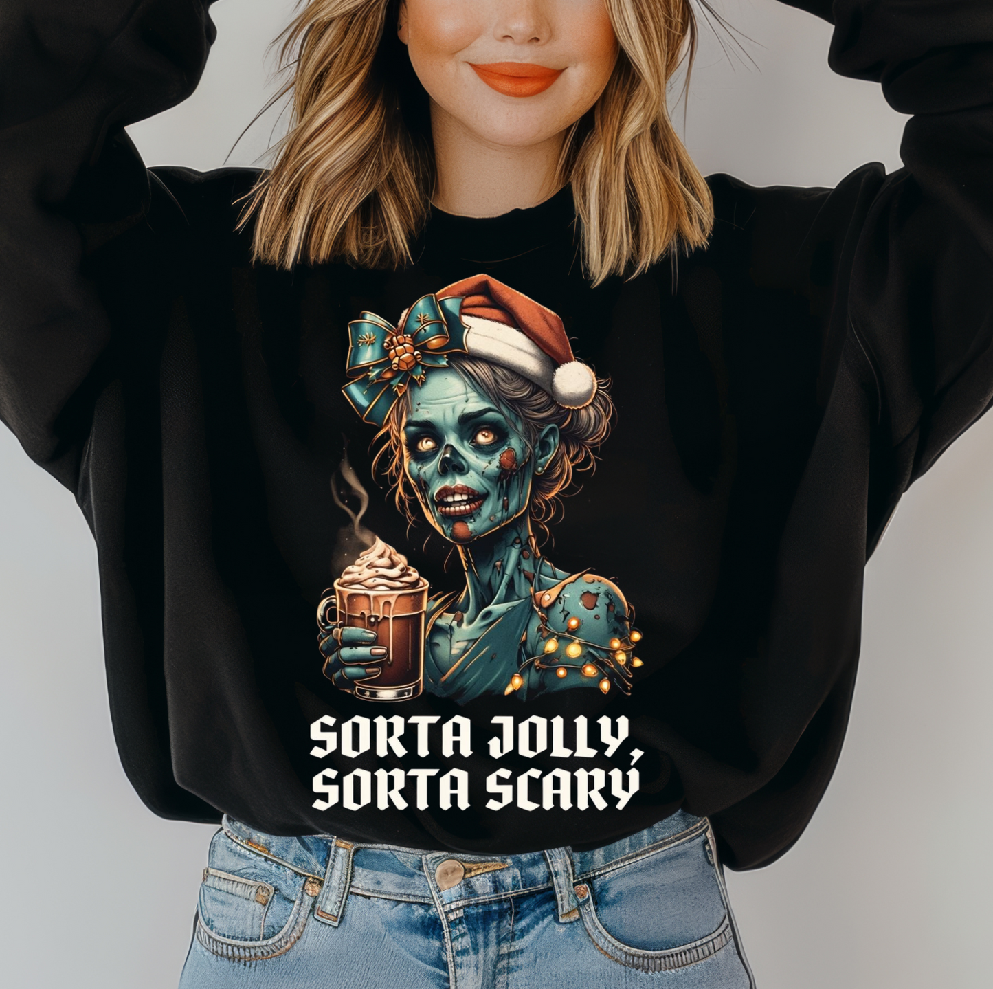 Christmas Zombie Crewneck Sweatshirt, Sorta Scary Sorta Merry Funny Spooky Season Apparel, Cute Xmas Sweater