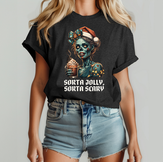 Christmas Zombie T-shirt, Sorta Scary Sorta Merry Tee, Funny Spooky Season Shirt, Cute Xmas Shirt, Unisex Jersey Tee, Holiday Apparel