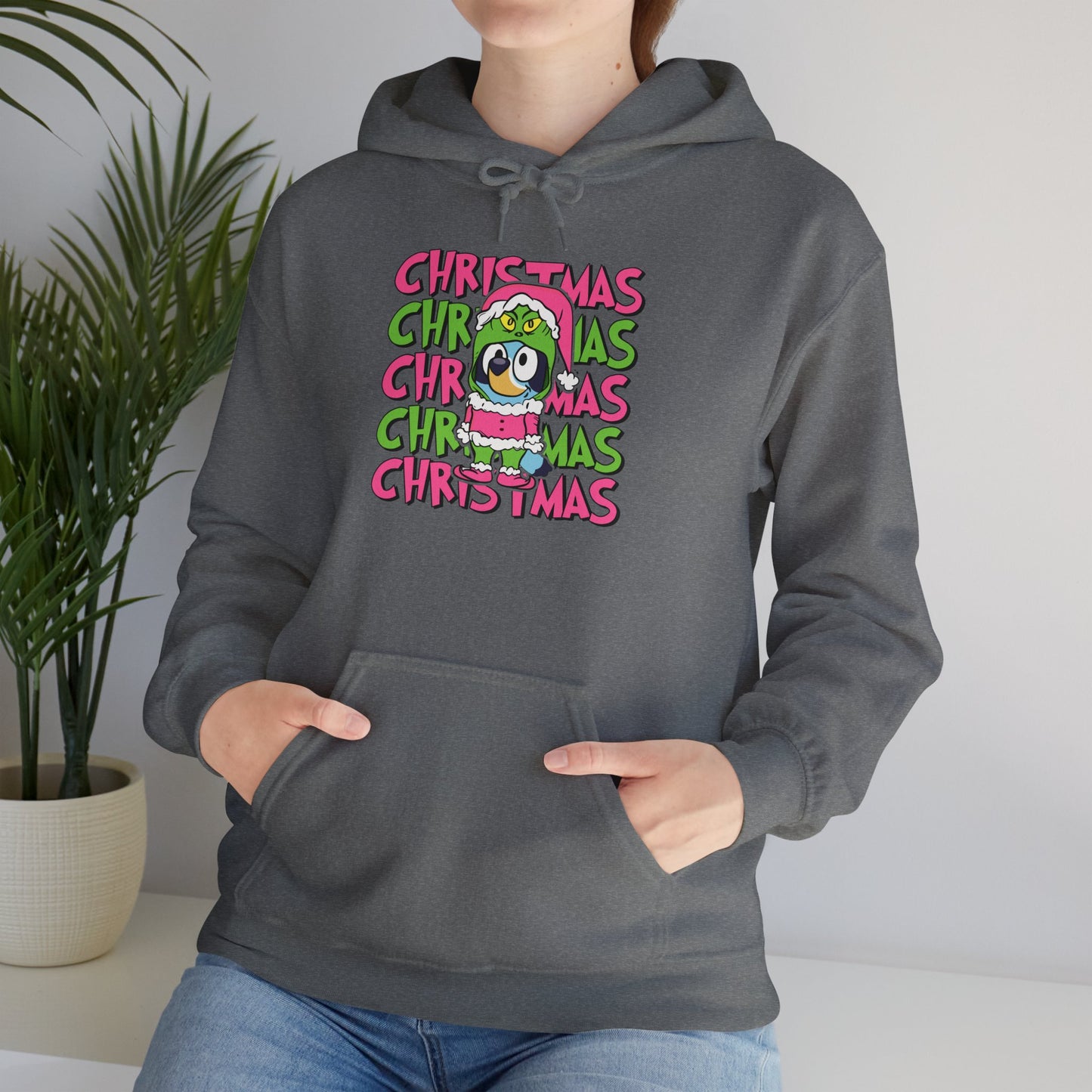 Holiday Grinch Bluey Sweatshirt, Festive Christmas Graphic Tee, Hooded Sweatshirt, Xmas Gift, Alternative Xmas