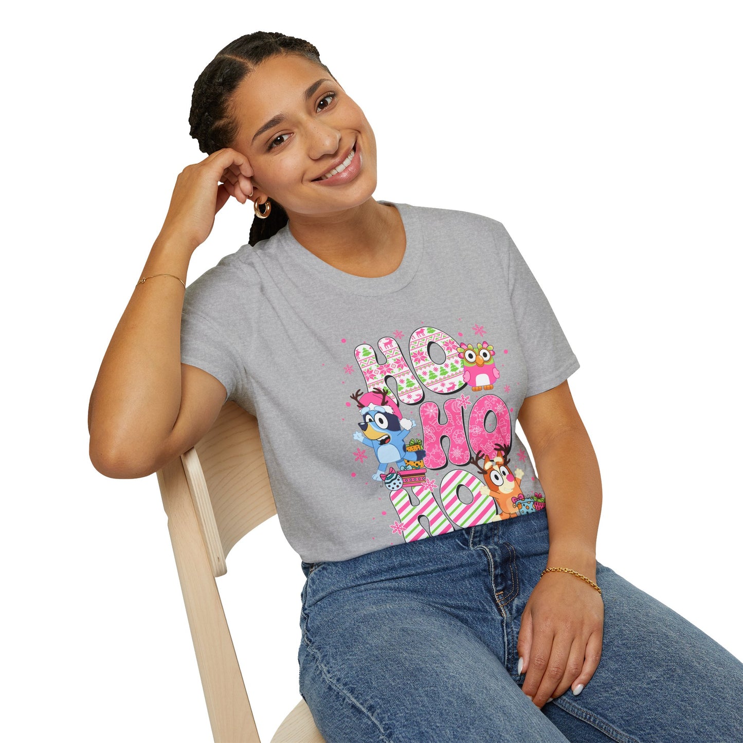 Ho Ho Ho Bluey and Bingo Pastel Christmas Unisex T-Shirt, Softstyle Tee for Festive Season