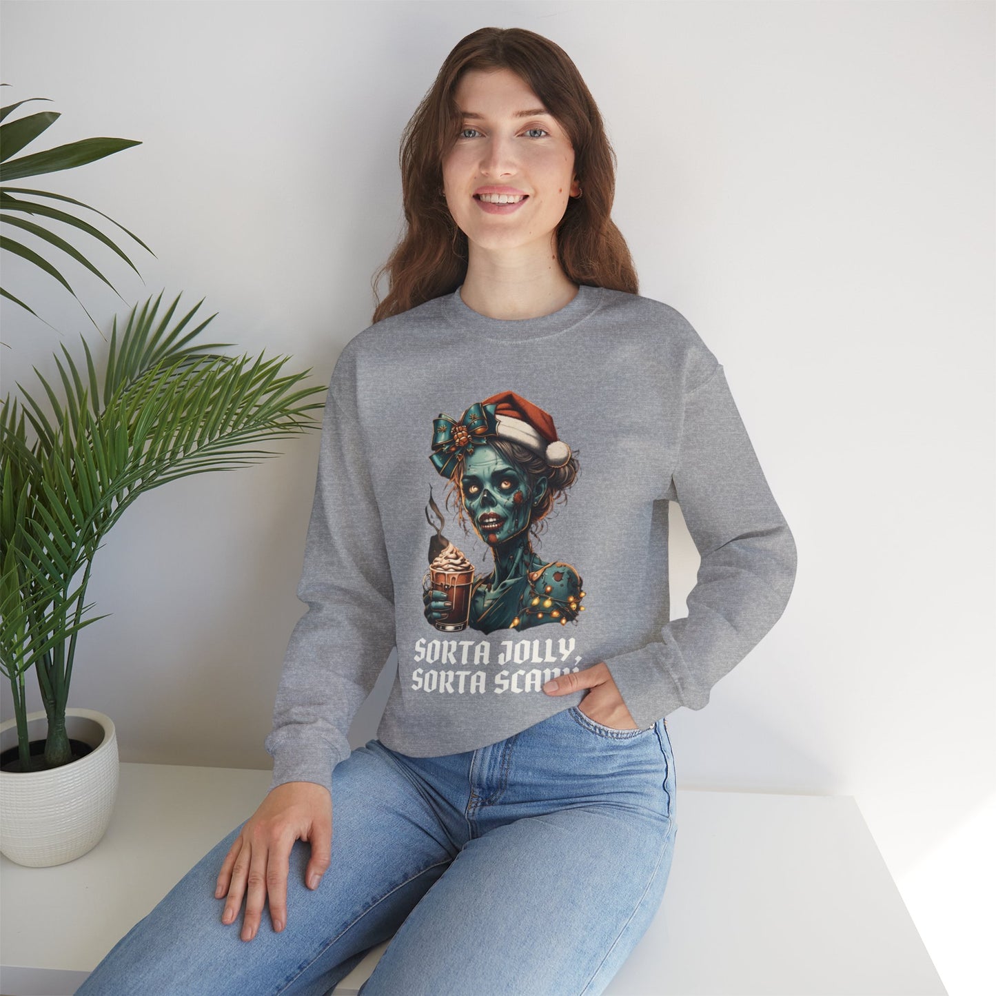 Christmas Zombie Crewneck Sweatshirt, Sorta Scary Sorta Merry Funny Spooky Season Apparel, Cute Xmas Sweater