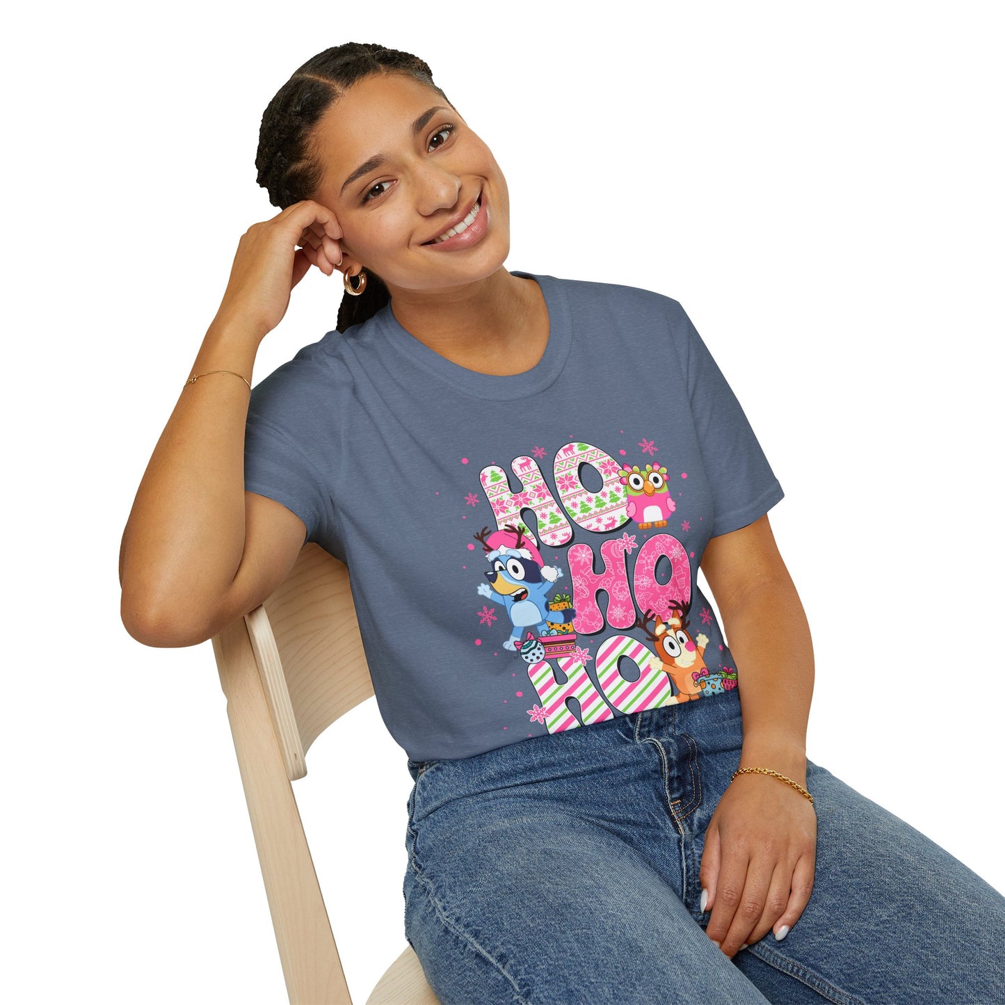 Ho Ho Ho Bluey and Bingo Pastel Christmas Unisex T-Shirt, Softstyle Tee for Festive Season