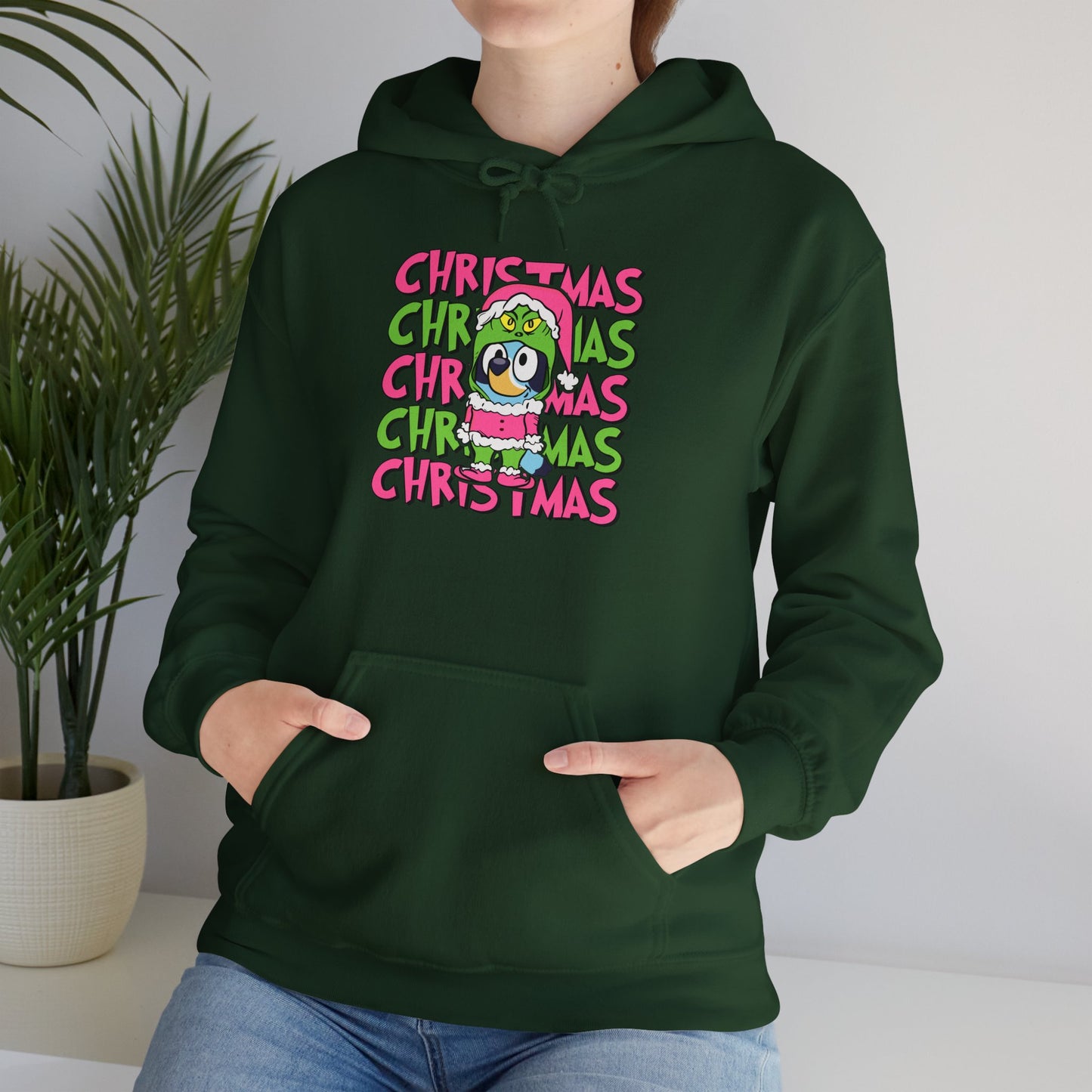 Holiday Grinch Bluey Sweatshirt, Festive Christmas Graphic Tee, Hooded Sweatshirt, Xmas Gift, Alternative Xmas