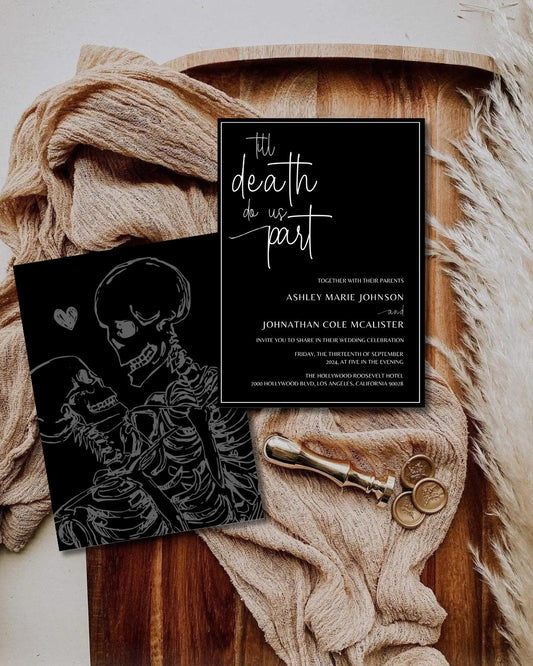 Black Wedding Invitation Template, Instant Download, Till Death Wedding Invite, Goth Wedding Invitation, Skeleton Invite, Halloween Invite