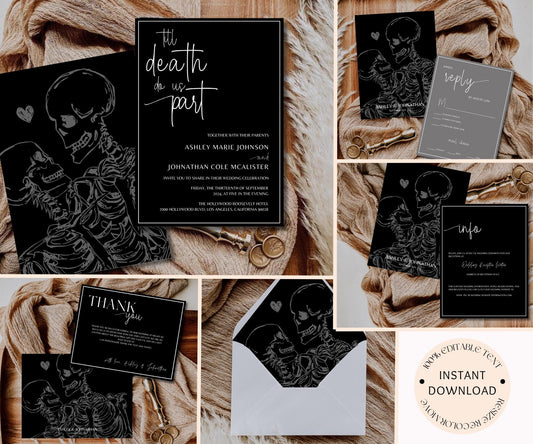 Black Wedding Invitation Template, Instant Download, Till Death Wedding Invite, Goth Wedding Invitation, Skeleton Invite, Halloween Invite