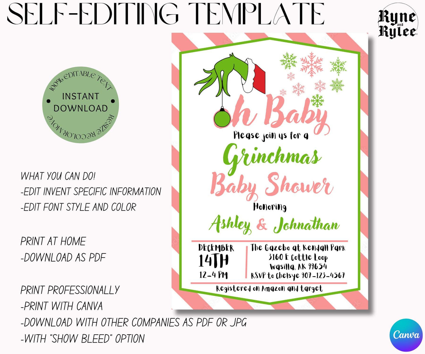 Grinch Baby Shower Invitation, Whoville Baby Shower, Digital Grinch Invitations, Editable Christmas Baby Shower Invite, Girl Baby Shower