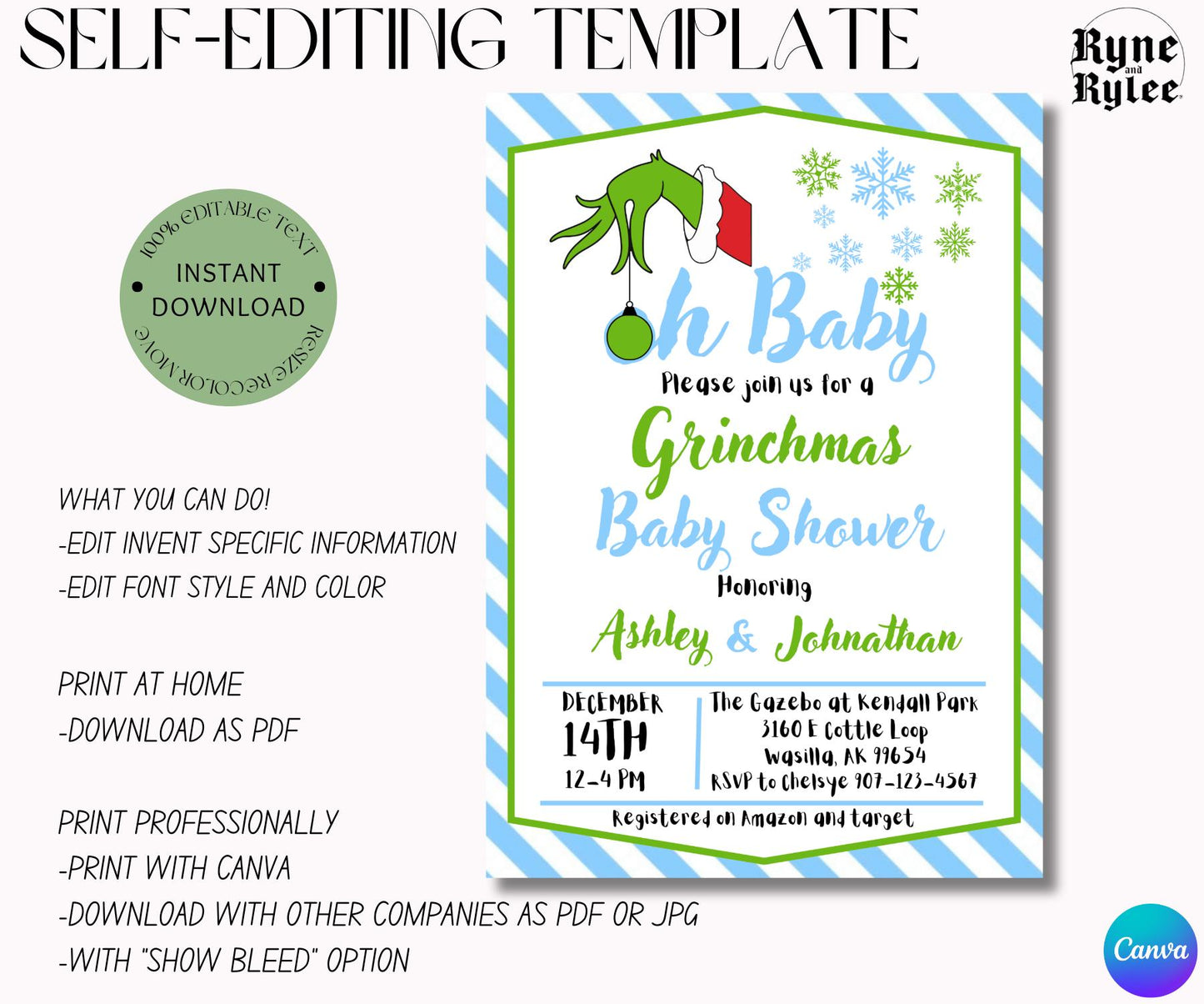 Grinch Baby Shower Invitation, Whoville Baby Shower, Digital Grinch Invitations, Editable Christmas Baby Shower Invite, Boy Baby Shower